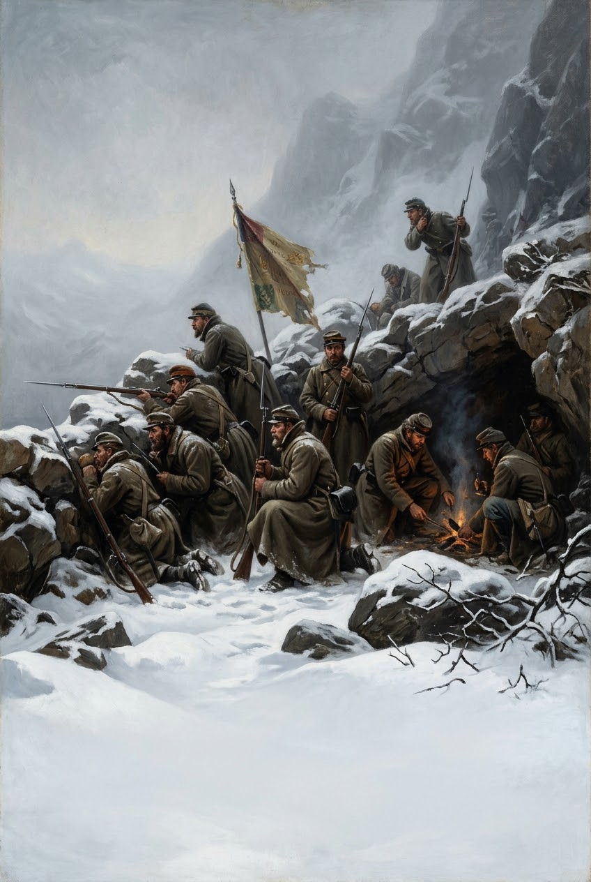 зимата на Шипка, 1877 г., опълченци в окопи сред снега