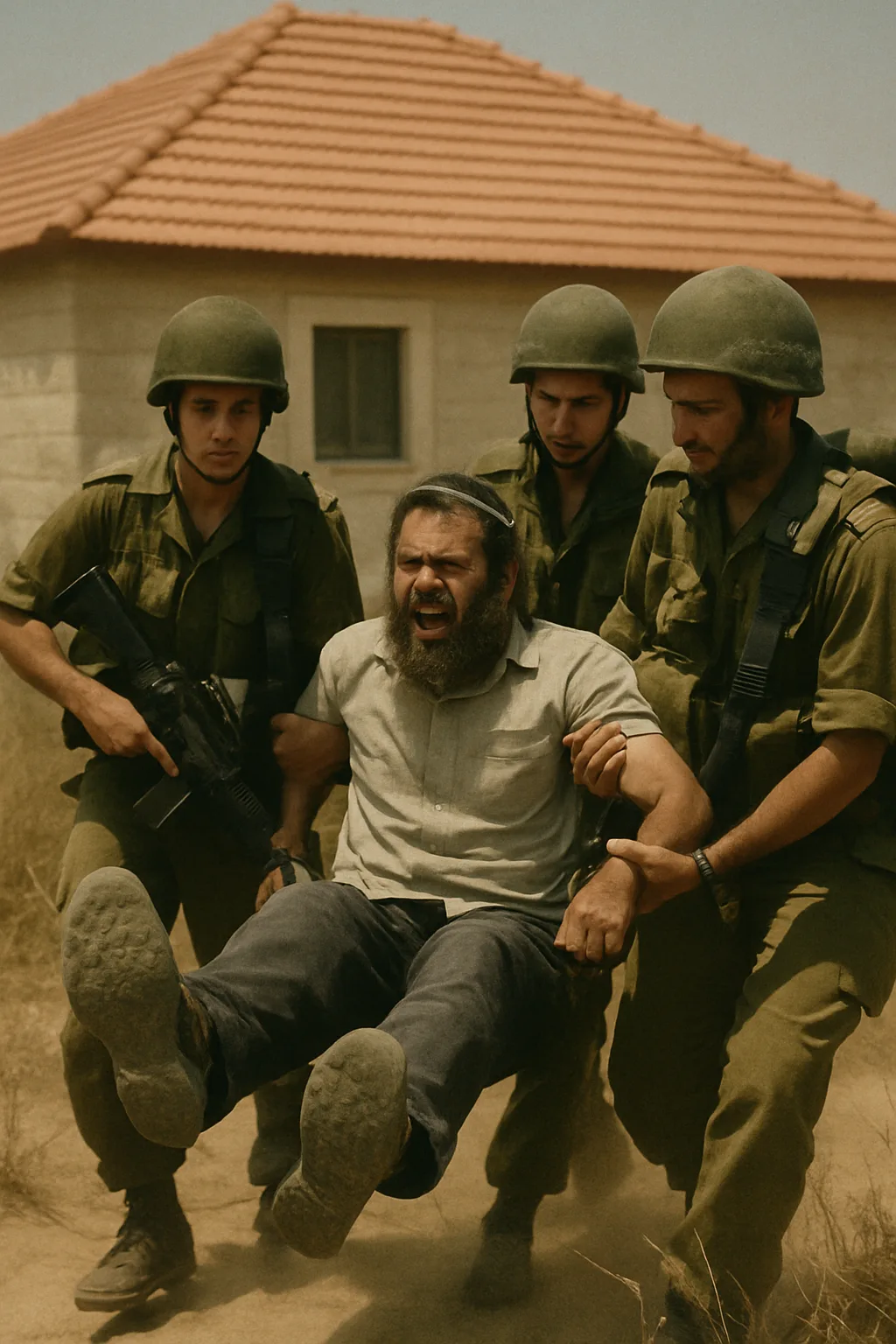 изтеглянето от Газа, 2005 г. — войници изнасят протестиращ заселник от къща
