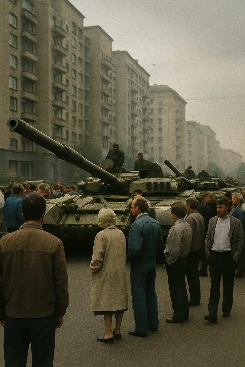 танкове по улиците на Москва, 19 август 1991 г., хора около бронята