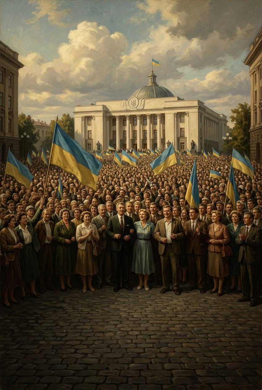 референдумът за независимост през 1991 г., синьо-жълти знамена пред Върховната рада