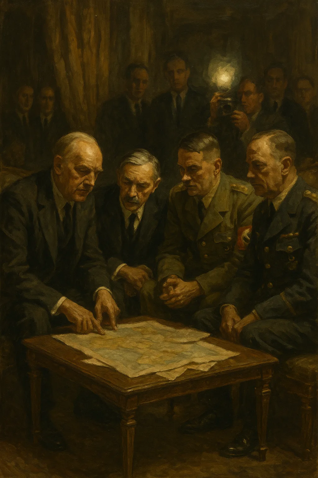 четиримата в Мюнхен над картата на Чехословакия, септември 1938 г.